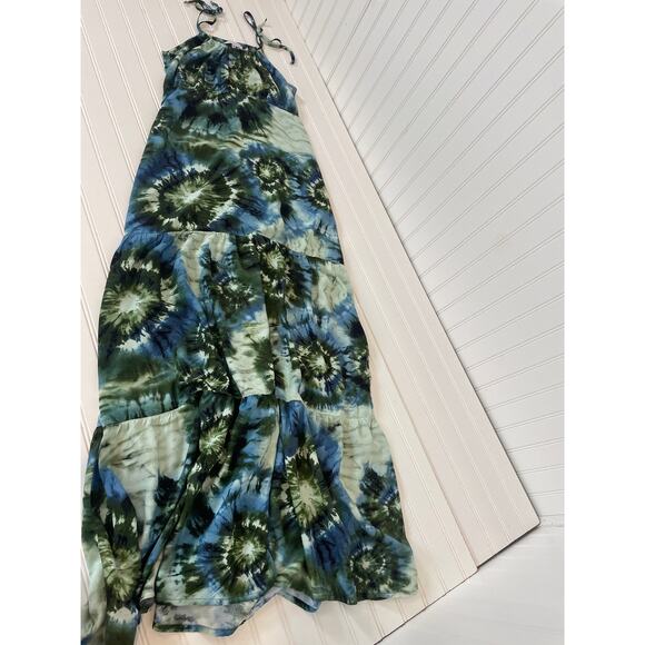 Jin Jinny Green & Blue Tie Dye Tiered Tie Straps Sleeveless Maxi Dress Size S - Picture 4 of 6